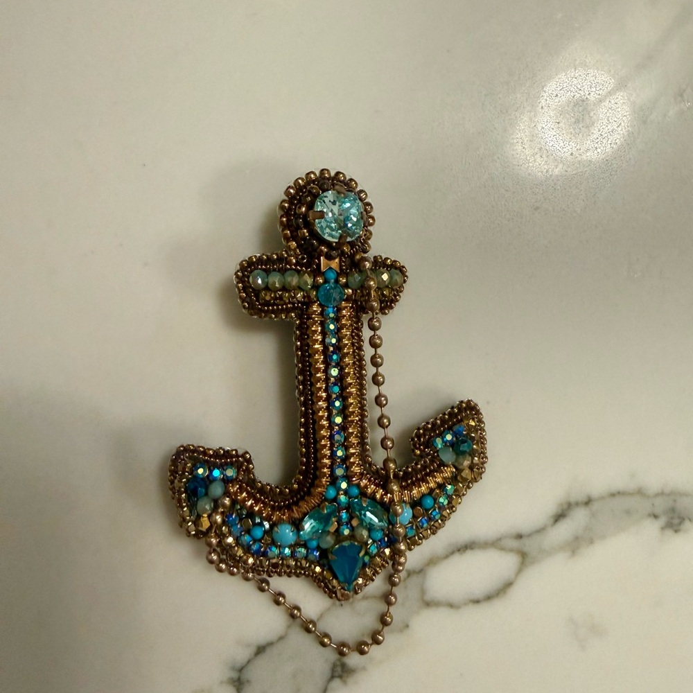 Beaded Anchor Brooch with Blue Accents
